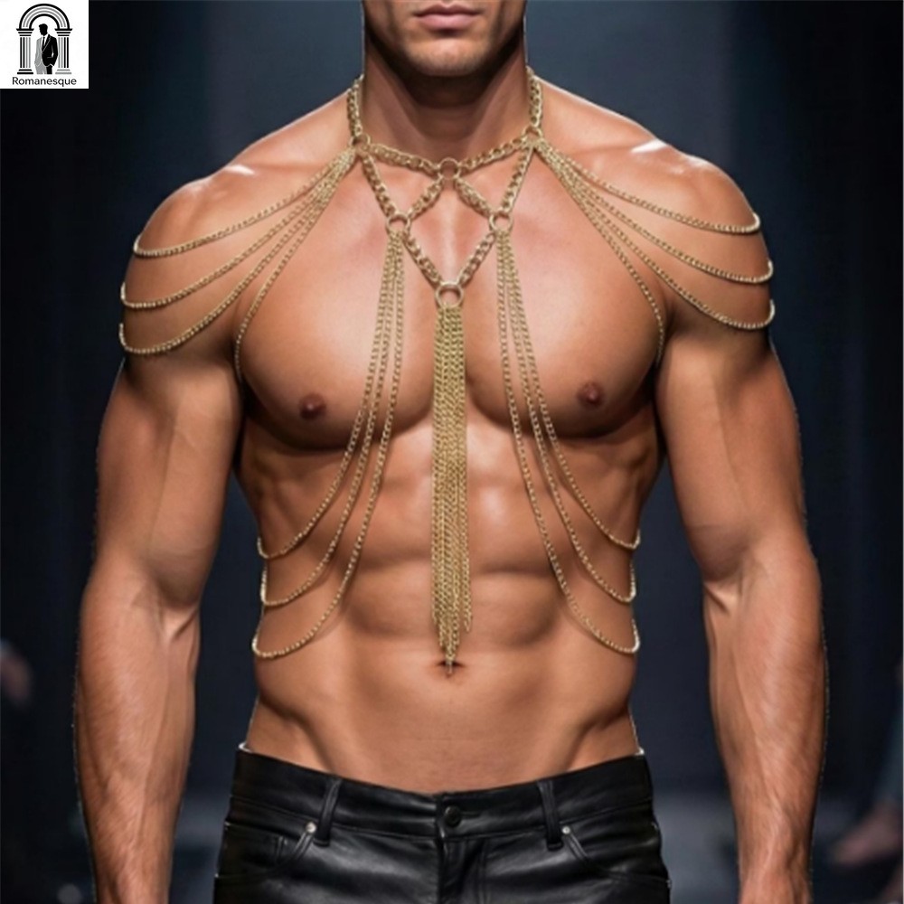 Body Jewelry Goth - Мужская золотая многослойная цепочка-жилет с бахромой,